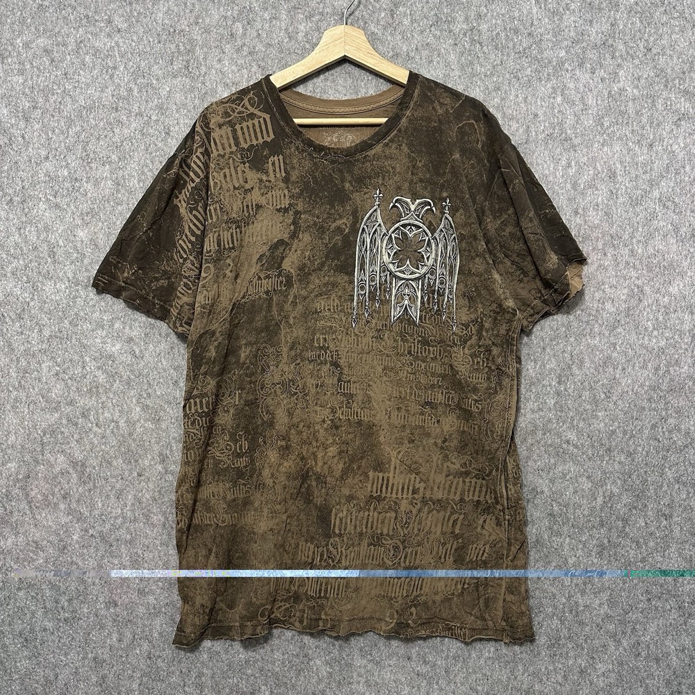 Affliction Y2K Cathedral Series Brown Gothic Shirt Men's Sz 2XL Distressed Wings - Picture 2 of 7